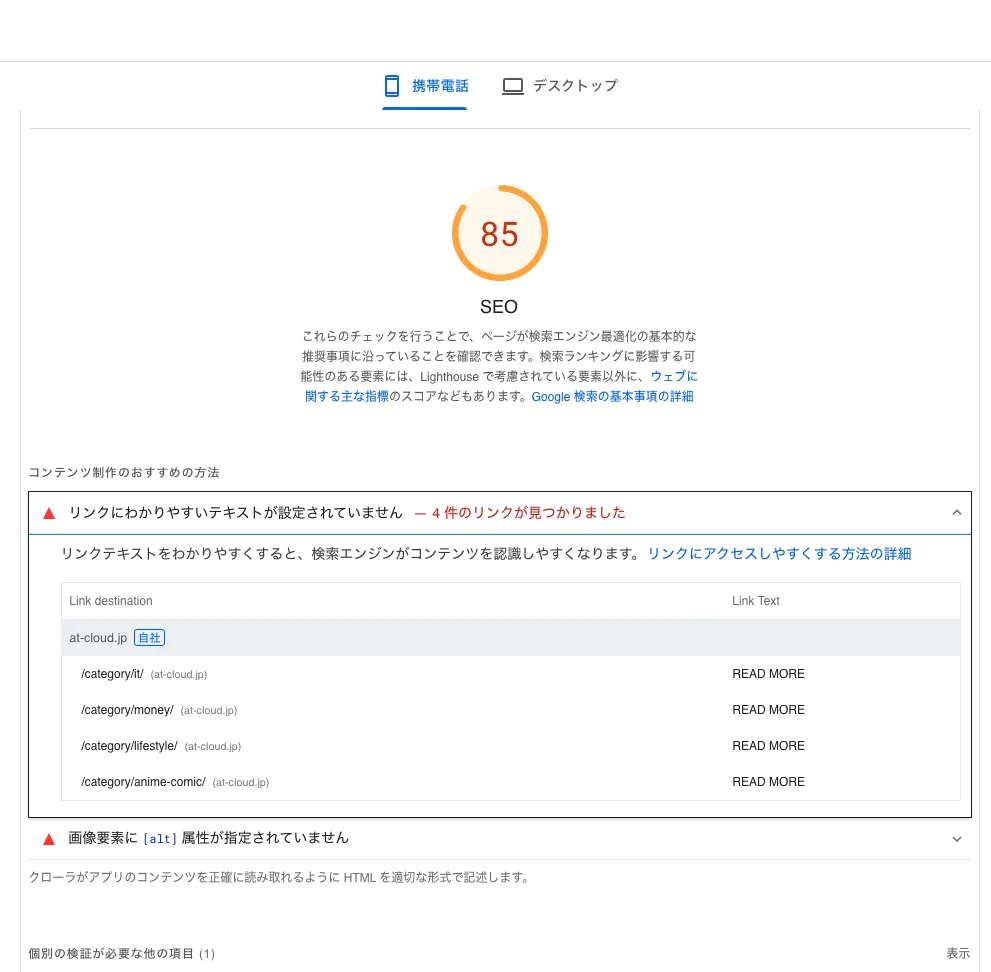 Page Speed Insightの測定結果